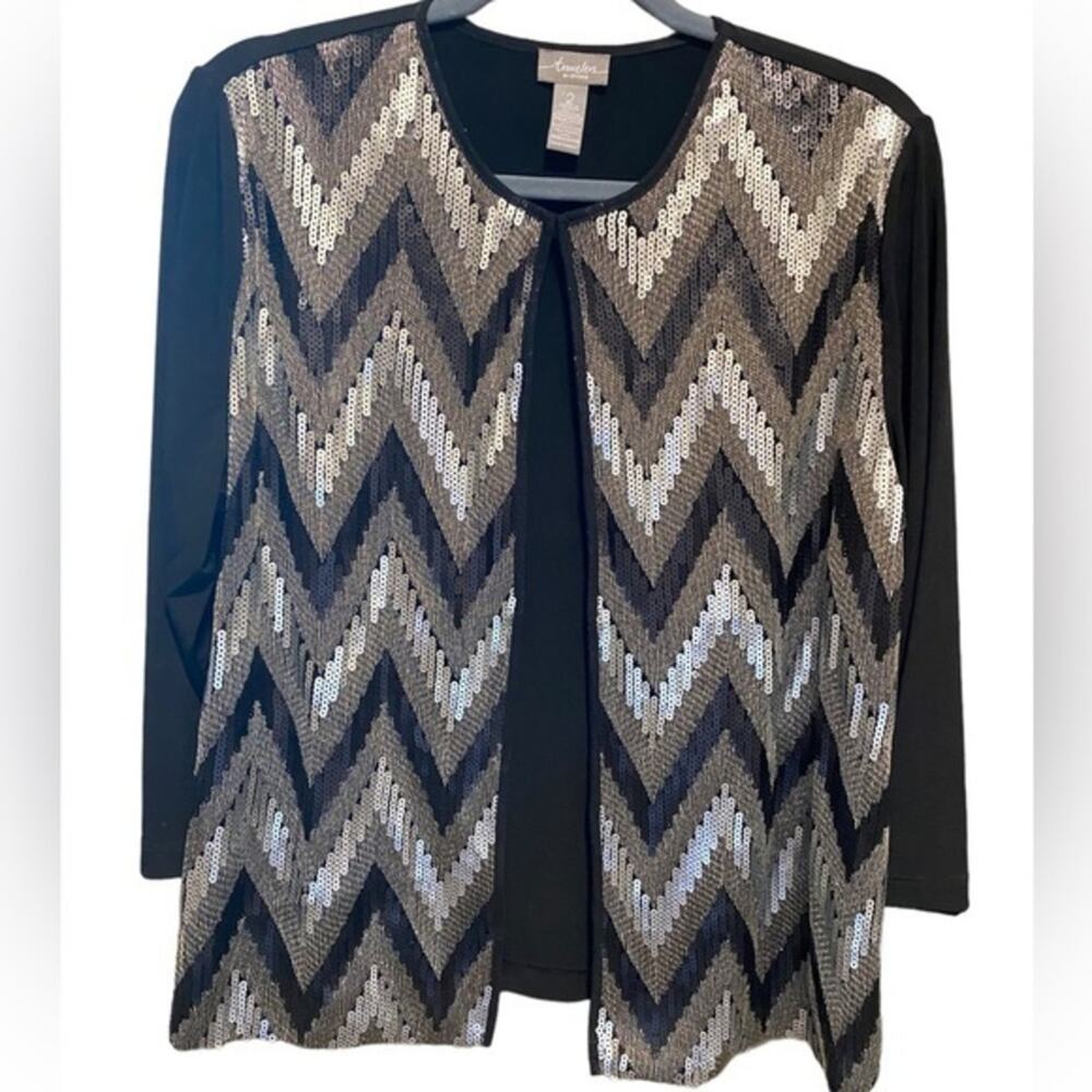 Chico’s Travelers Sequins Cardigan Women’s Size 12 M Black Silver 3/4 Sleeves - Picture 2 of 11